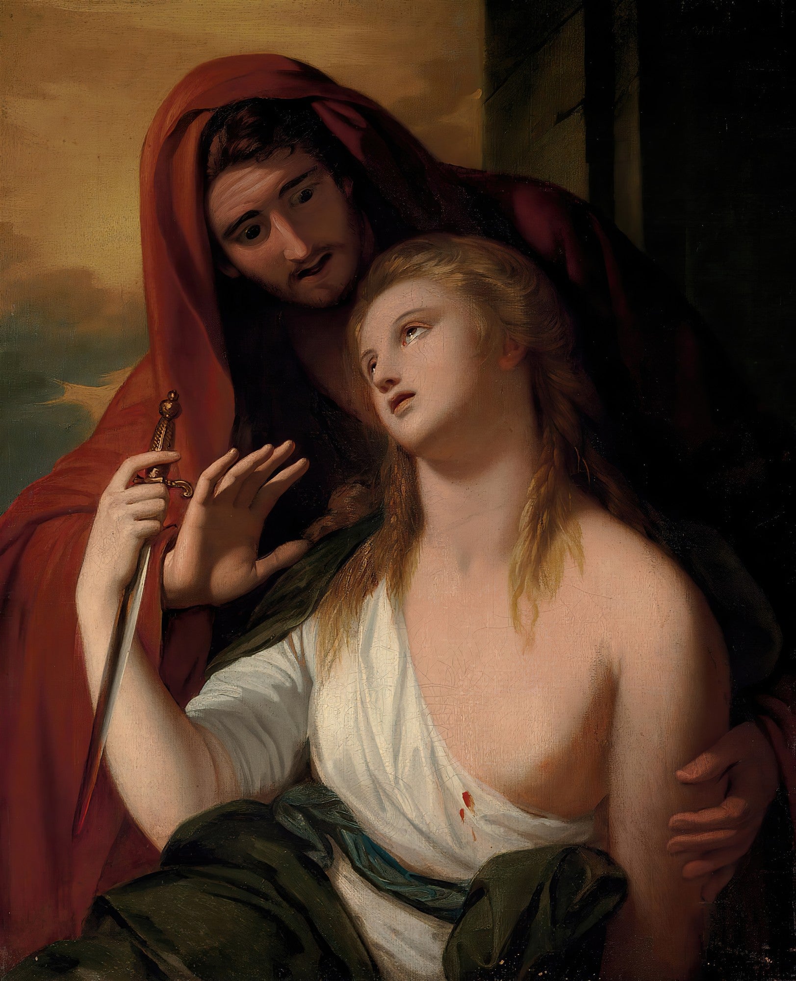 Pintura 'A Morte de Lucrécia' de Benjamin West, mostrando uma mulher jovem pálida com um punhal na mão, olhando para cima com expressão de sofrimento, enquanto um homem com um manto vermelho a ampara, ambos com ar dramático. Há manchas de sangue em seu peito, indicando um ato trágico.
