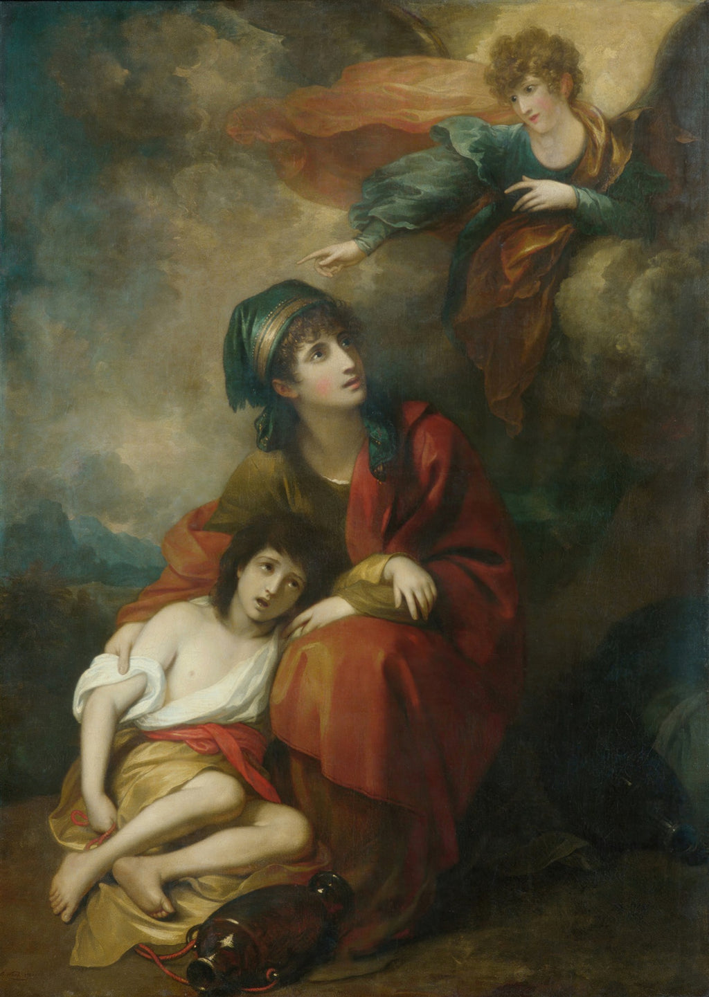 Pintura a óleo de Benjamin West, 'Hagar e Ismael no Deserto', mostrando Hagar e seu filho olhando para um anjo. Cores terrosas e tons de pele realistas.