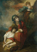 Pintura a óleo de Benjamin West, 'Hagar e Ismael no Deserto', mostrando Hagar e seu filho olhando para um anjo. Cores terrosas e tons de pele realistas.
