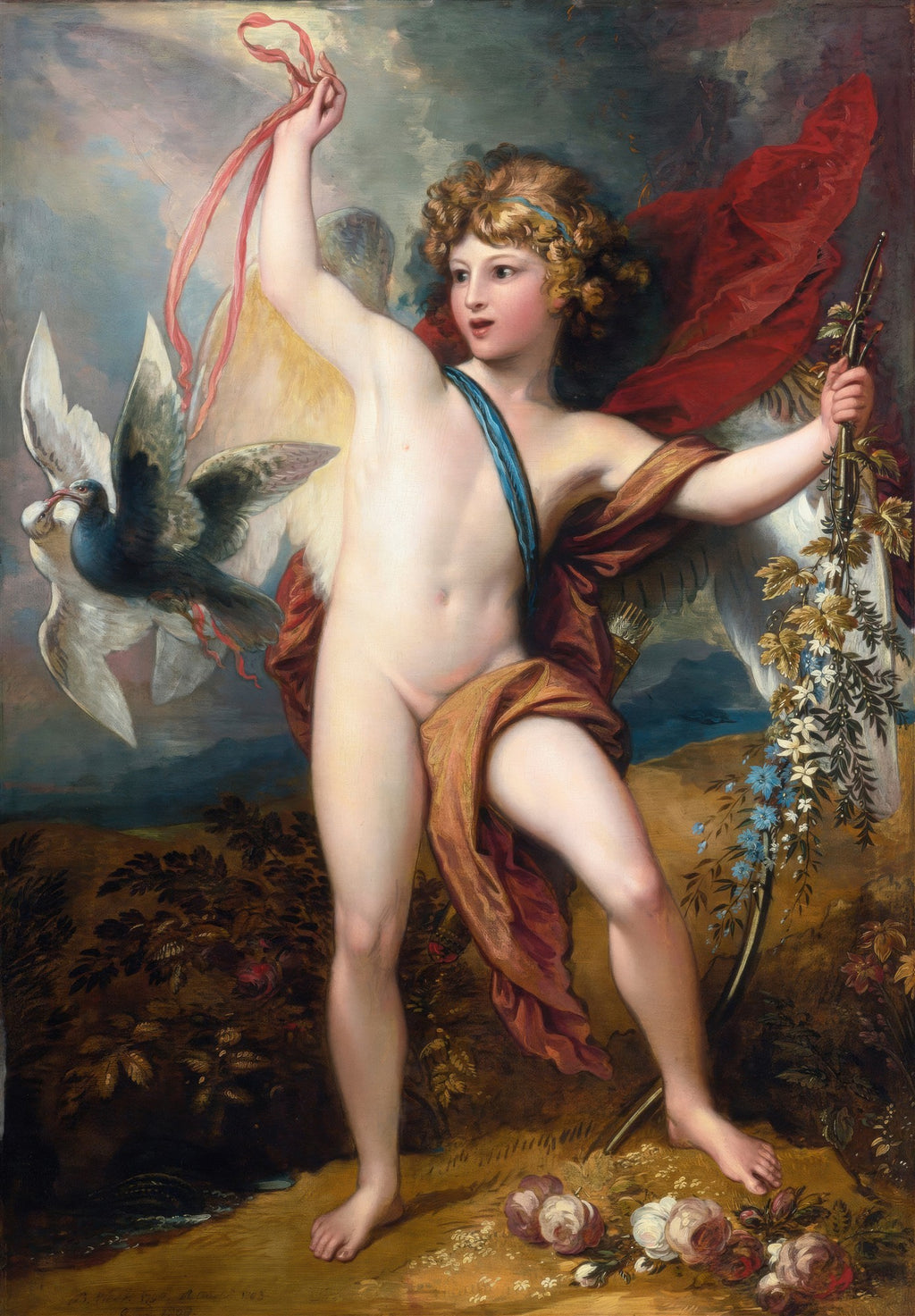 Pintura a óleo de Cúpido (Amor) de Benjamin West, com a figura angelical segurando um laço vermelho e pombas, em paisagem mitológica.