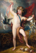 Pintura a óleo de Cúpido (Amor) de Benjamin West, com a figura angelical segurando um laço vermelho e pombas, em paisagem mitológica.