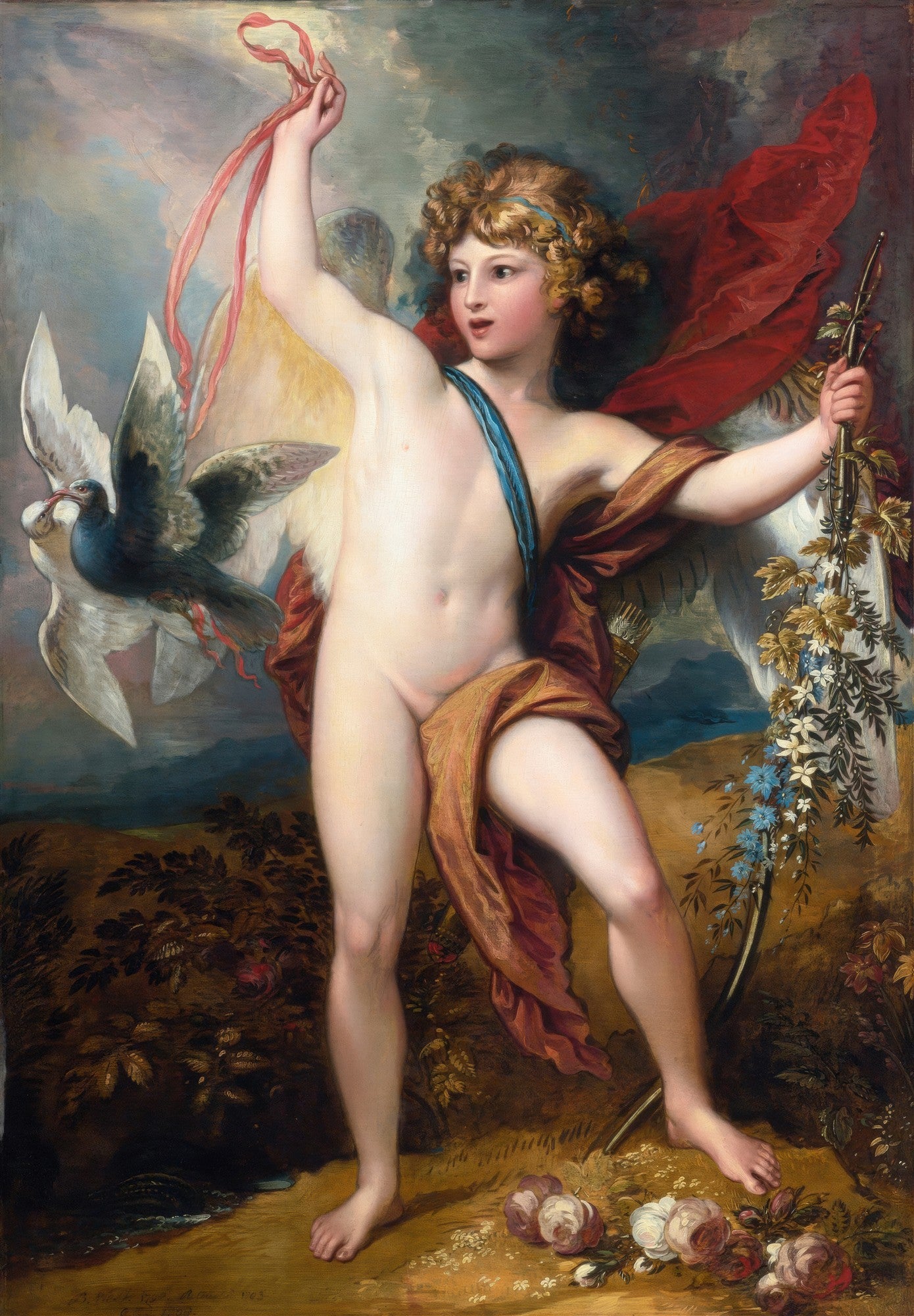 Pintura a óleo de Cúpido (Amor) de Benjamin West, com a figura angelical segurando um laço vermelho e pombas, em paisagem mitológica.