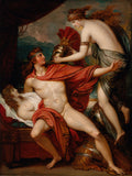 Pintura 'A Morte de Pátroclo' de Benjamin West, mostrando Aquiles lamentando o corpo de Pátroclo enquanto uma figura feminina, possivelmente Tétis, segura um capacete.