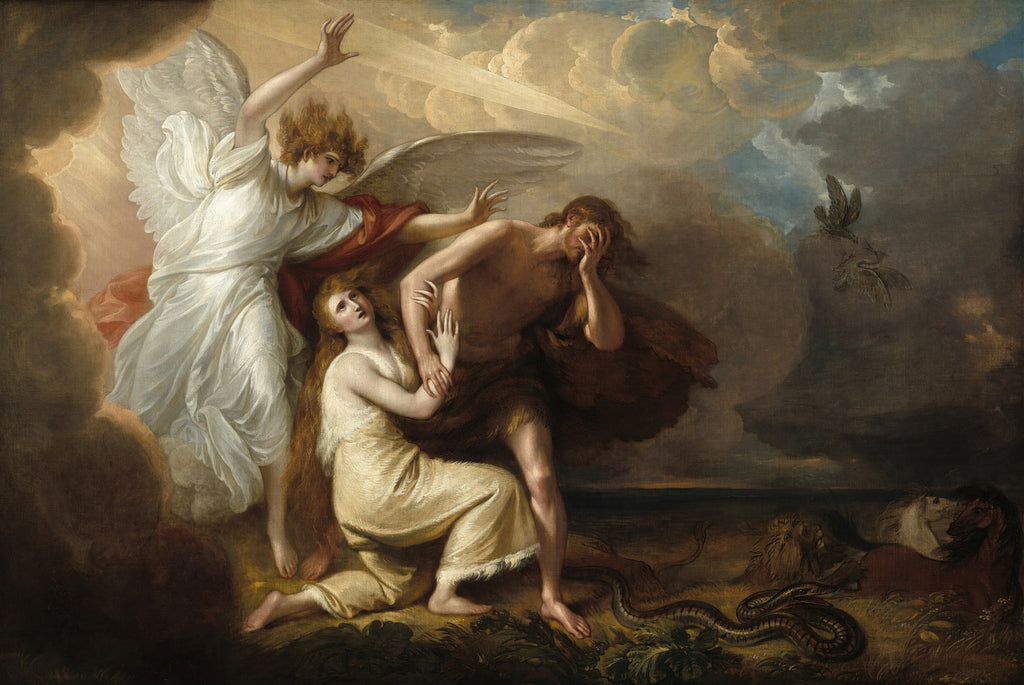 Pintura a óleo de Benjamin West, 'A Expulsão de Adão e Eva', mostrando Adão e Eva sendo guiados por um anjo alado com um raio de luz, em tons dramáticos de marrom, dourado e azul.