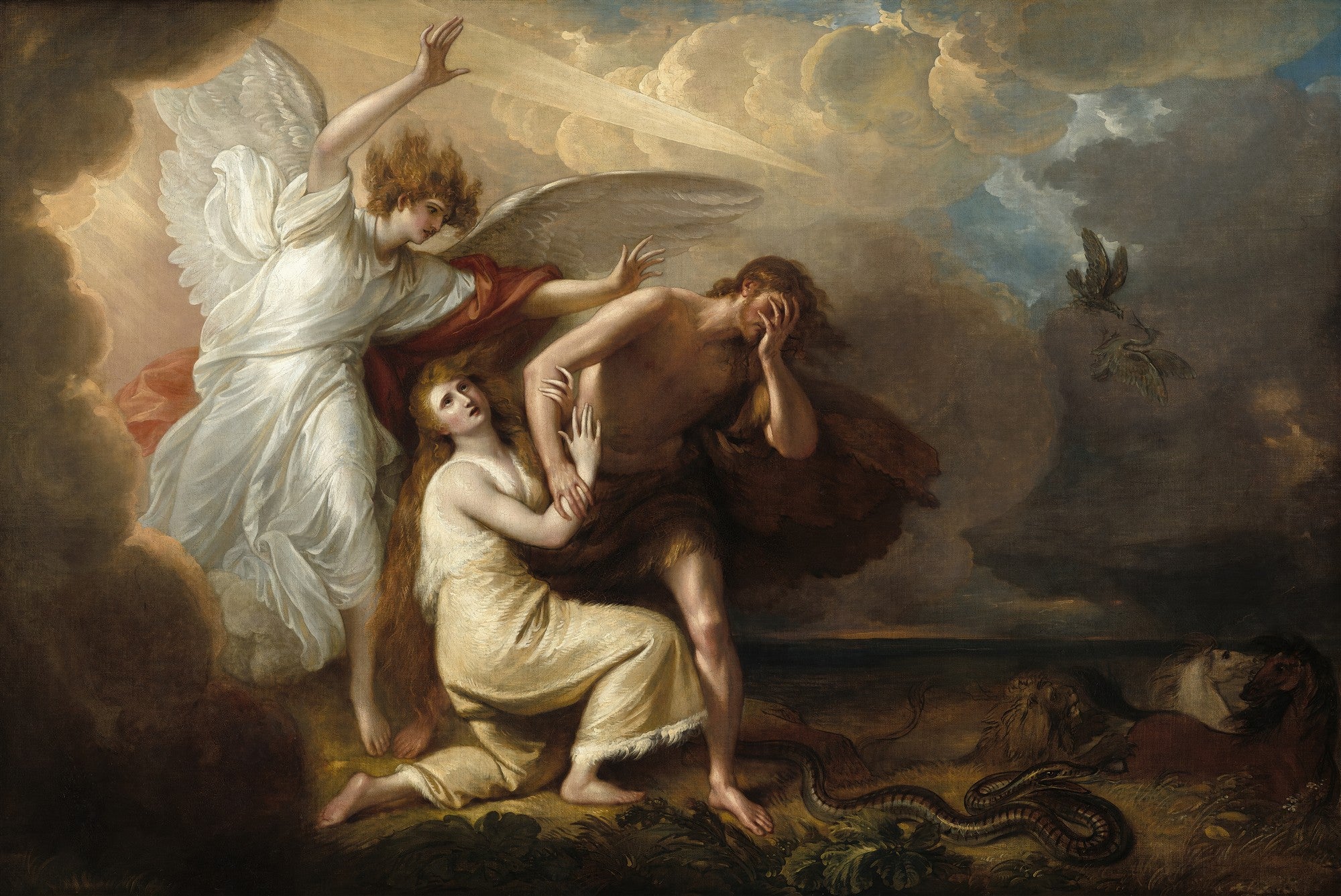 Pintura a óleo de Benjamin West, 'A Expulsão de Adão e Eva', mostrando Adão e Eva sendo guiados por um anjo alado com um raio de luz, em tons dramáticos de marrom, dourado e azul.