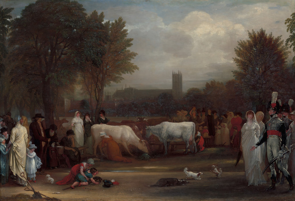 Pintura a óleo "A Partida de Lot e Suas Filhas" de Benjamin West, retratando uma cena bíblica com figuras humanas, animais e arquitetura ao fundo sob um céu nublado.