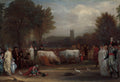 Pintura a óleo "A Partida de Lot e Suas Filhas" de Benjamin West, retratando uma cena bíblica com figuras humanas, animais e arquitetura ao fundo sob um céu nublado.