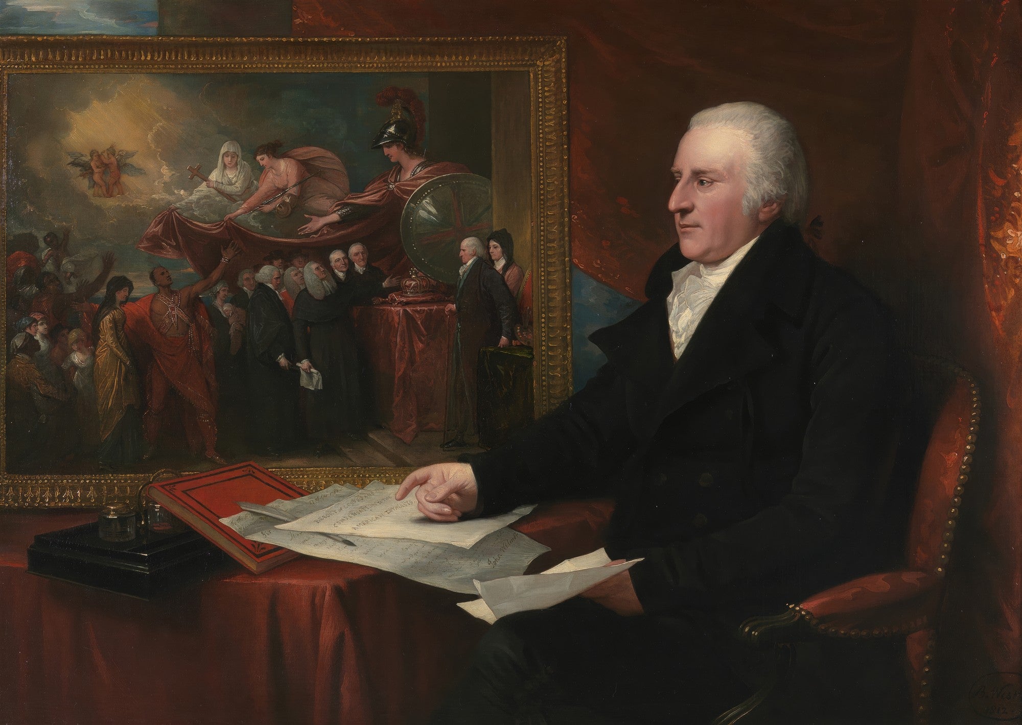Retrato de Sir Joseph Banks, pintado por Benjamin West, com a mão sobre papéis e um quadro alegórico ao fundo. Cores escuras e rica em detalhes.