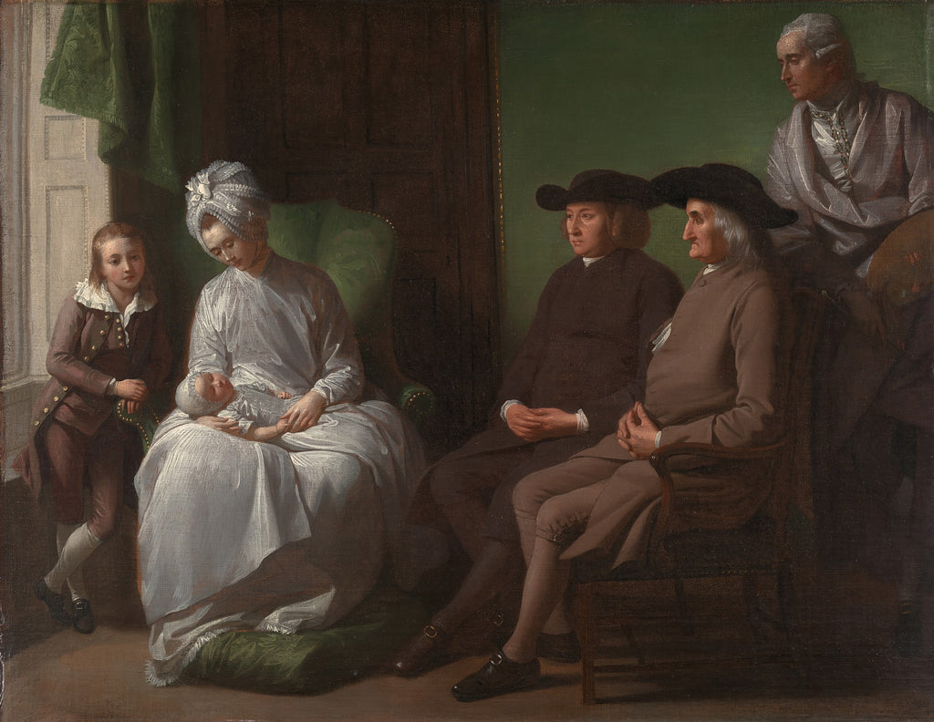 Pintura a óleo de Benjamin West retratando sua família em um ambiente interno. Uma mulher segura um bebê, enquanto um menino e três homens adultos os observam. Cores escuras e iluminação suave.