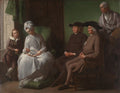 Pintura a óleo de Benjamin West retratando sua família em um ambiente interno. Uma mulher segura um bebê, enquanto um menino e três homens adultos os observam. Cores escuras e iluminação suave.
