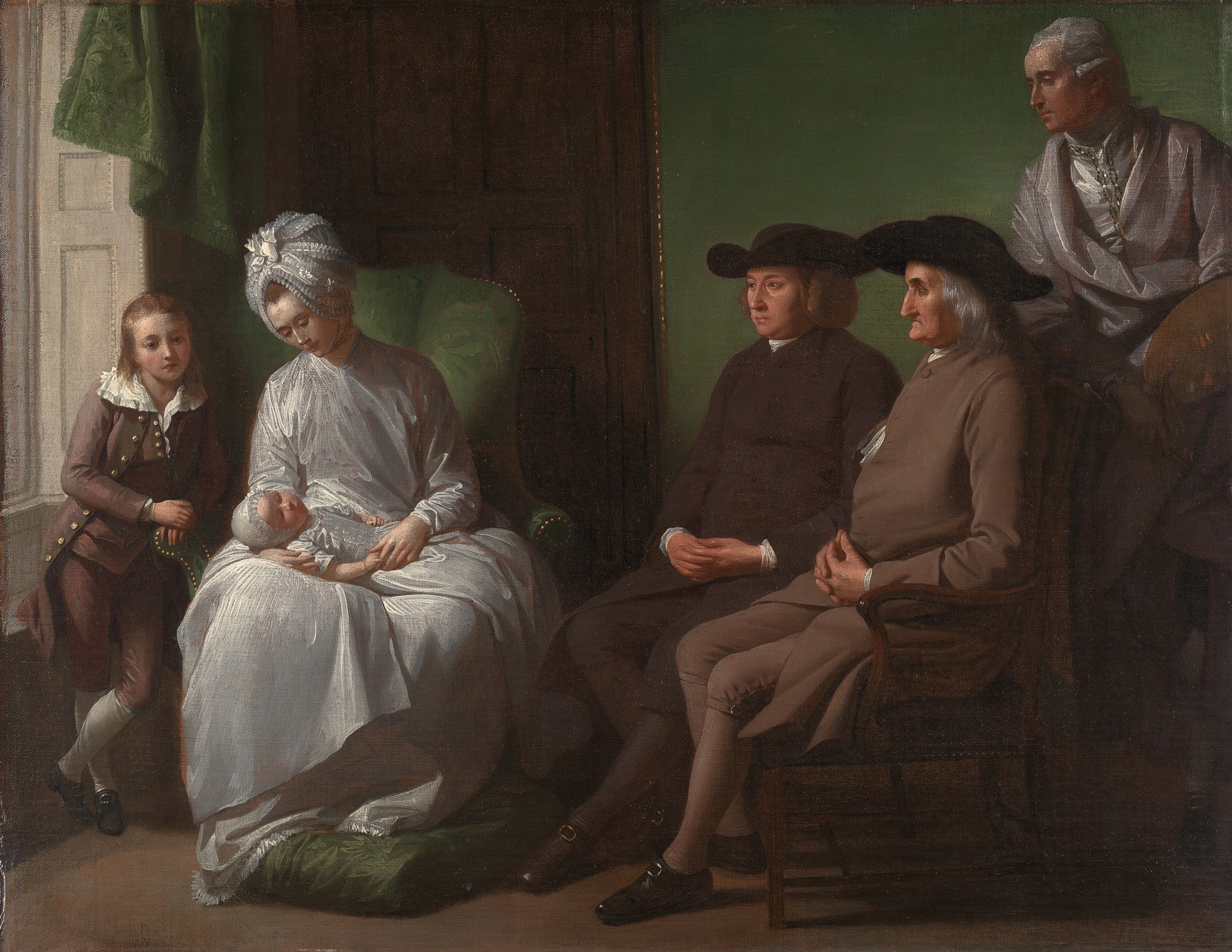 Pintura a óleo de Benjamin West retratando sua família em um ambiente interno. Uma mulher segura um bebê, enquanto um menino e três homens adultos os observam. Cores escuras e iluminação suave.