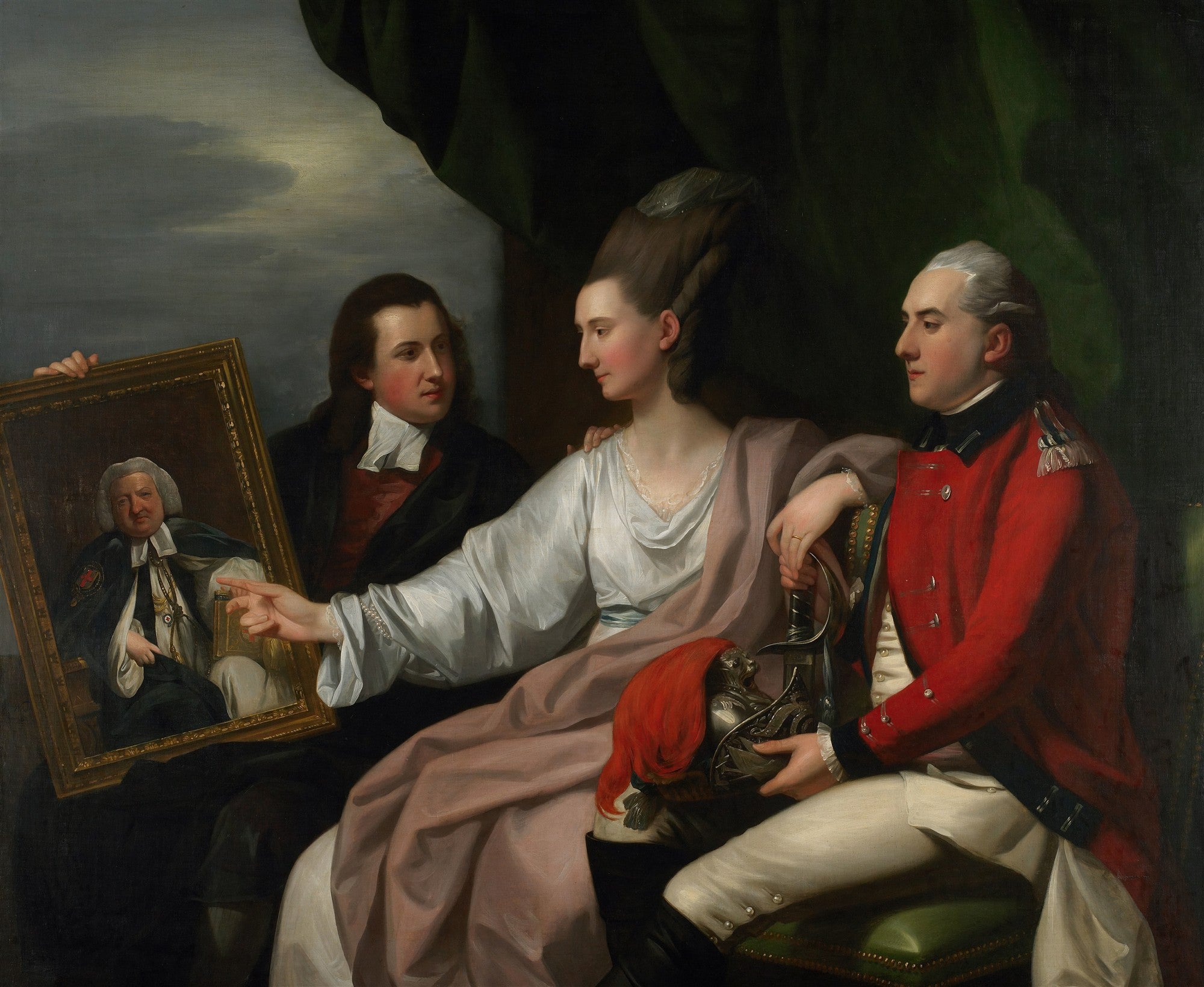Pintura de Benjamin West, 'A Família West', representando três figuras do século XVIII interagindo: um homem segurando um retrato de um ancião, uma mulher apontando para ele e um militar com espada. Cores sóbrias e um toque de vermelho.