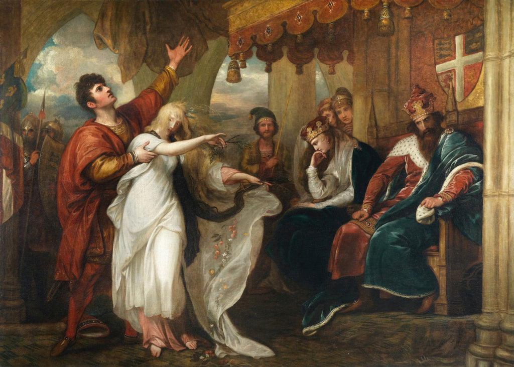 Pintura clássica de Benjamin West, "A Loucura de Ofélia", retratando uma mulher de branco em um estado de desespero, cercada por figuras reais e soldados em um cenário teatral.
