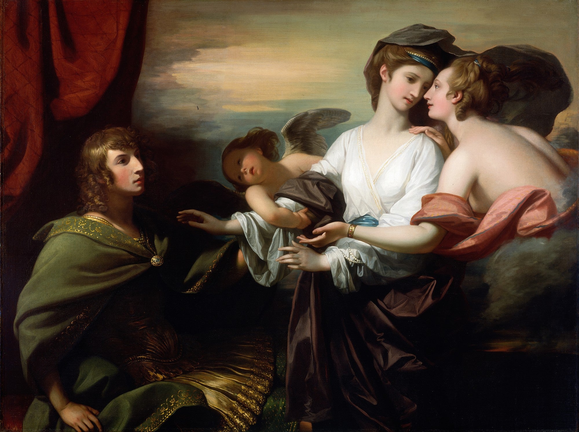 Pintura de Benjamin West, 'A Expulsão de Hagar', mostrando figuras bíblicas com expressão dramática e vestes clássicas em tons terrosos e pastéis.