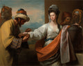 Pintura de Benjamin West, "A Oferta de Rebeca", mostrando um homem barbudo colocando uma pulseira no pulso de uma mulher elegante de vestido branco, com outras figuras e um camelo ao fundo.