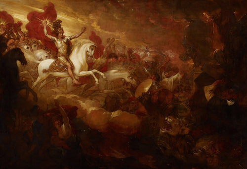 Pintura dramática de Benjamin West, 'A Abertura do Sétimo Selo', mostrando figuras divinas a cavalo em meio a uma batalha caótica com anjos e demônios, em tons de vermelho, dourado e marrom.