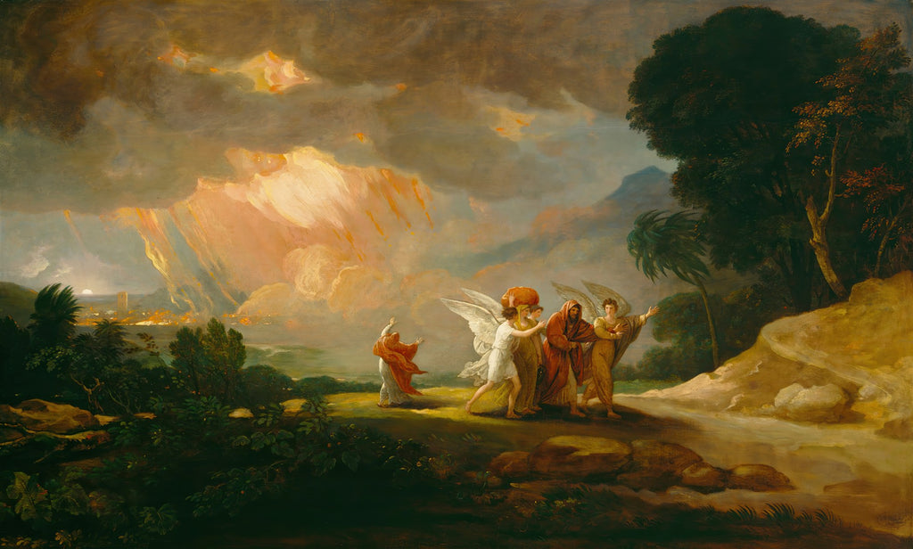 Quadro decorativo mostrando a obra 'A Destruição de Sodoma e Gomorra' de Benjamin West, com figuras angelicais guiando pessoas de uma cidade em chamas sob um céu tempestuoso e dramático.