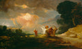 Quadro decorativo mostrando a obra 'A Destruição de Sodoma e Gomorra' de Benjamin West, com figuras angelicais guiando pessoas de uma cidade em chamas sob um céu tempestuoso e dramático.