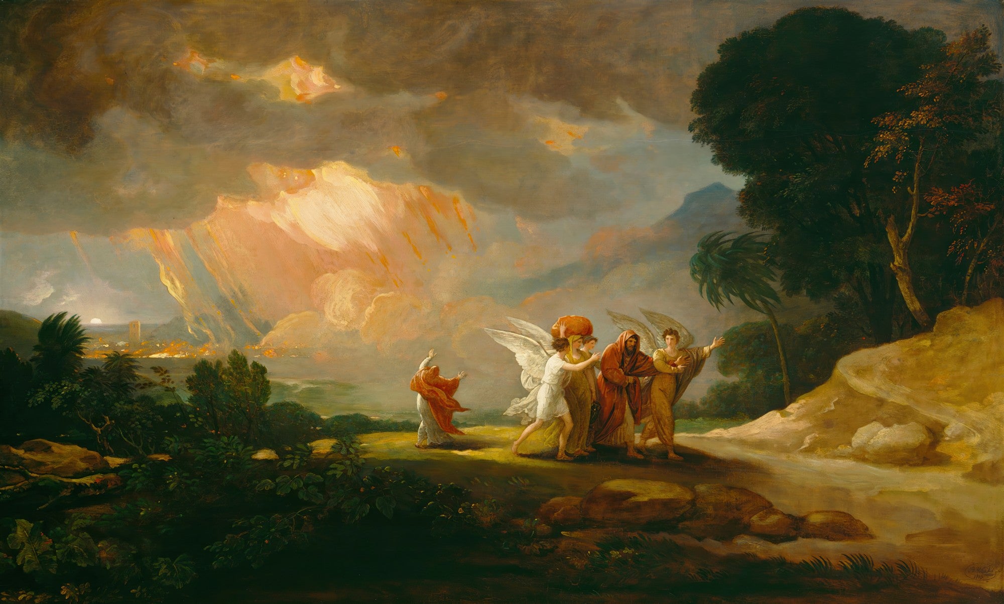 Quadro decorativo mostrando a obra 'A Destruição de Sodoma e Gomorra' de Benjamin West, com figuras angelicais guiando pessoas de uma cidade em chamas sob um céu tempestuoso e dramático.