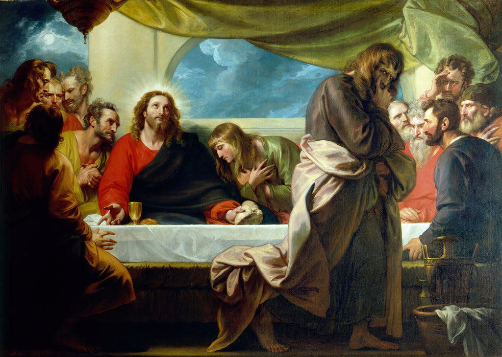 Quadro decorativo "A Última Ceia" de Benjamin West. Cena bíblica com Jesus Cristo rodeado por seus discípulos à mesa, com Judas Iscariotes em destaque e com expressão angustiada. A pintura apresenta uma iluminação dramática, cores ricas em tons de vermelho, verde e marrom, e detalhes realistas das figuras e seus gestos.