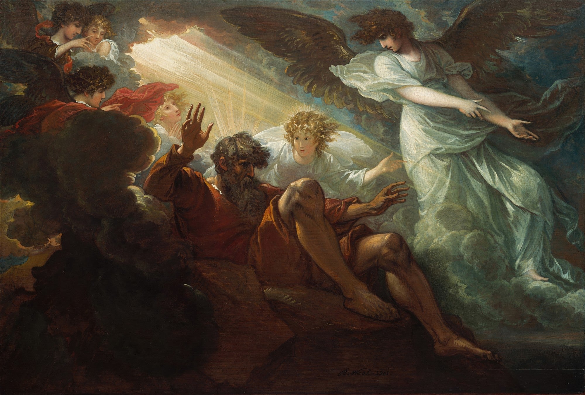 Pintura 'A Visão de Ezequiel' de Benjamin West, mostrando o profeta em êxtase, cercado por anjos e uma luz divina intensa em uma composição dramática e sublime.