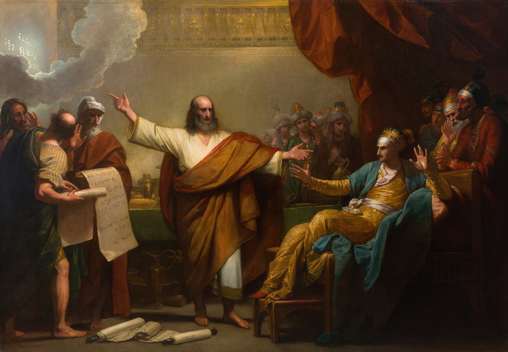 Pintura de Benjamin West, 'A Mão Escrevendo na Parede', mostrando o rei Belsazar aterrorizado diante de uma escrita misteriosa na parede, com profetas e cortesãos reagindo ao evento bíblico.