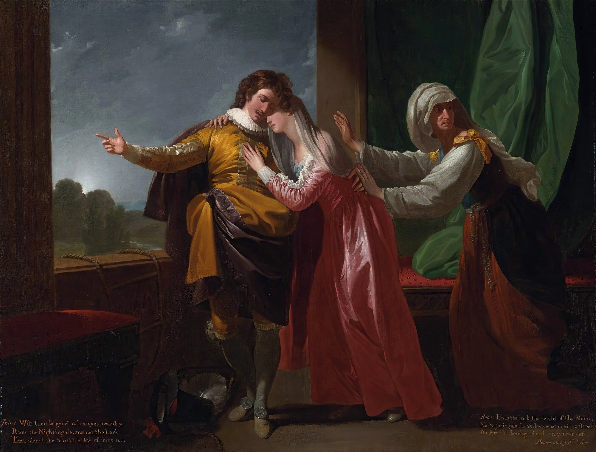 Pintura a óleo de Benjamin West, 'Romeu e Julieta', mostrando um homem e uma mulher abraçados com uma figura mais velha os separando, em um ambiente dramático.