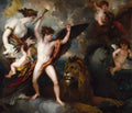 Pintura neoclássica de Benjamin West, 'A Expulsão de Adão e Eva', com figuras bíblicas e criaturas míticas em cena dramática.