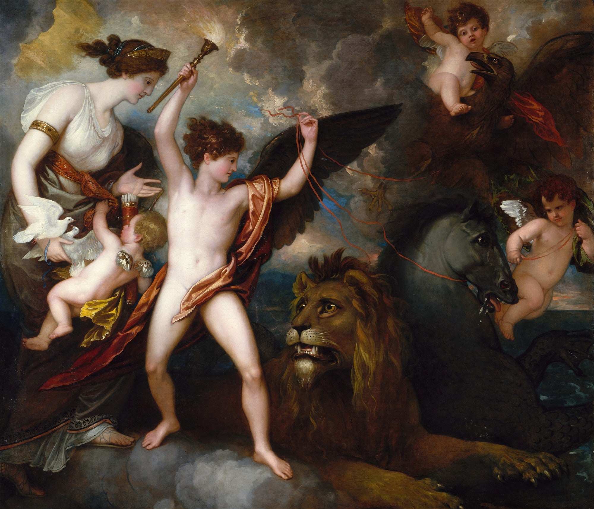 Pintura neoclássica de Benjamin West, 'A Expulsão de Adão e Eva', com figuras bíblicas e criaturas míticas em cena dramática.