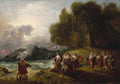 Pintura a óleo de Benjamin West, "Caliban, The Tempest", representando um naufrágio em uma costa rochosa com figuras em desespero e outras dançando em um gramado à direita.