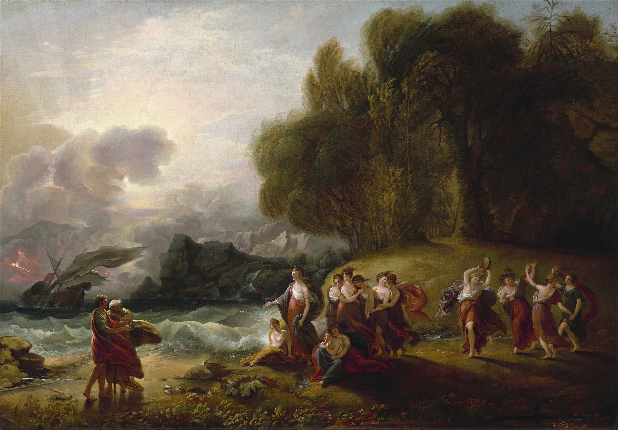 Pintura a óleo de Benjamin West, "Caliban, The Tempest", representando um naufrágio em uma costa rochosa com figuras em desespero e outras dançando em um gramado à direita.