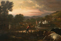 Pintura a óleo de Benjamin West, 'A Partida Nupcial', mostrando uma cena fluvial com pessoas em um barco e na margem, com um céu dramaticamente iluminado pelo pôr do sol.