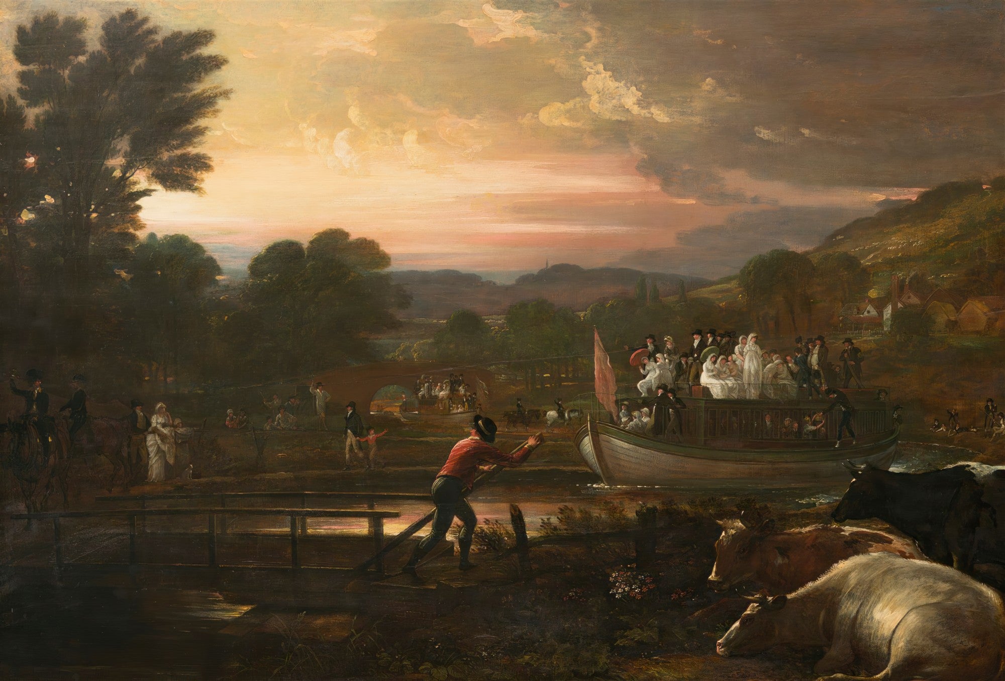 Pintura a óleo de Benjamin West, 'A Partida Nupcial', mostrando uma cena fluvial com pessoas em um barco e na margem, com um céu dramaticamente iluminado pelo pôr do sol.