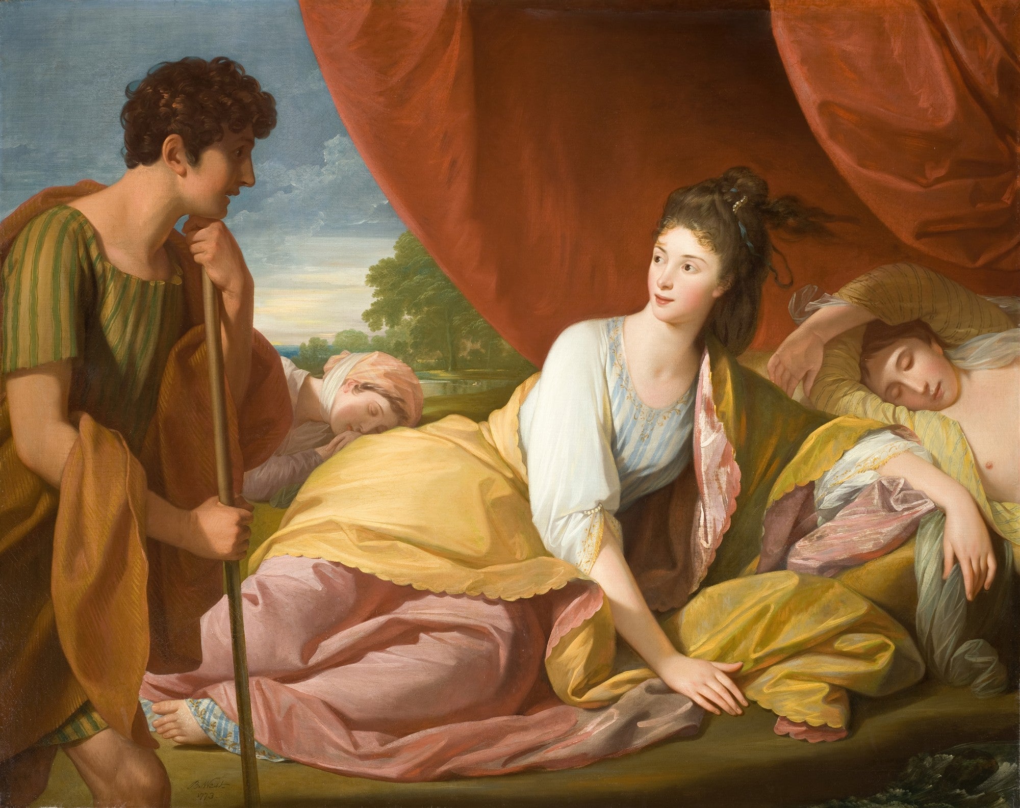 Quadro decorativo 'A Expulsão de Hagar e Ismael' de Benjamin West, mostrando figuras bíblicas em uma cena dramática com cores suaves e expressões melancólicas.