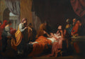 Pintura a óleo neoclássica de Benjamin West, mostrando a cena dramática da morte do general tebano Epaminondas, cercado por figuras em luto e admiração.