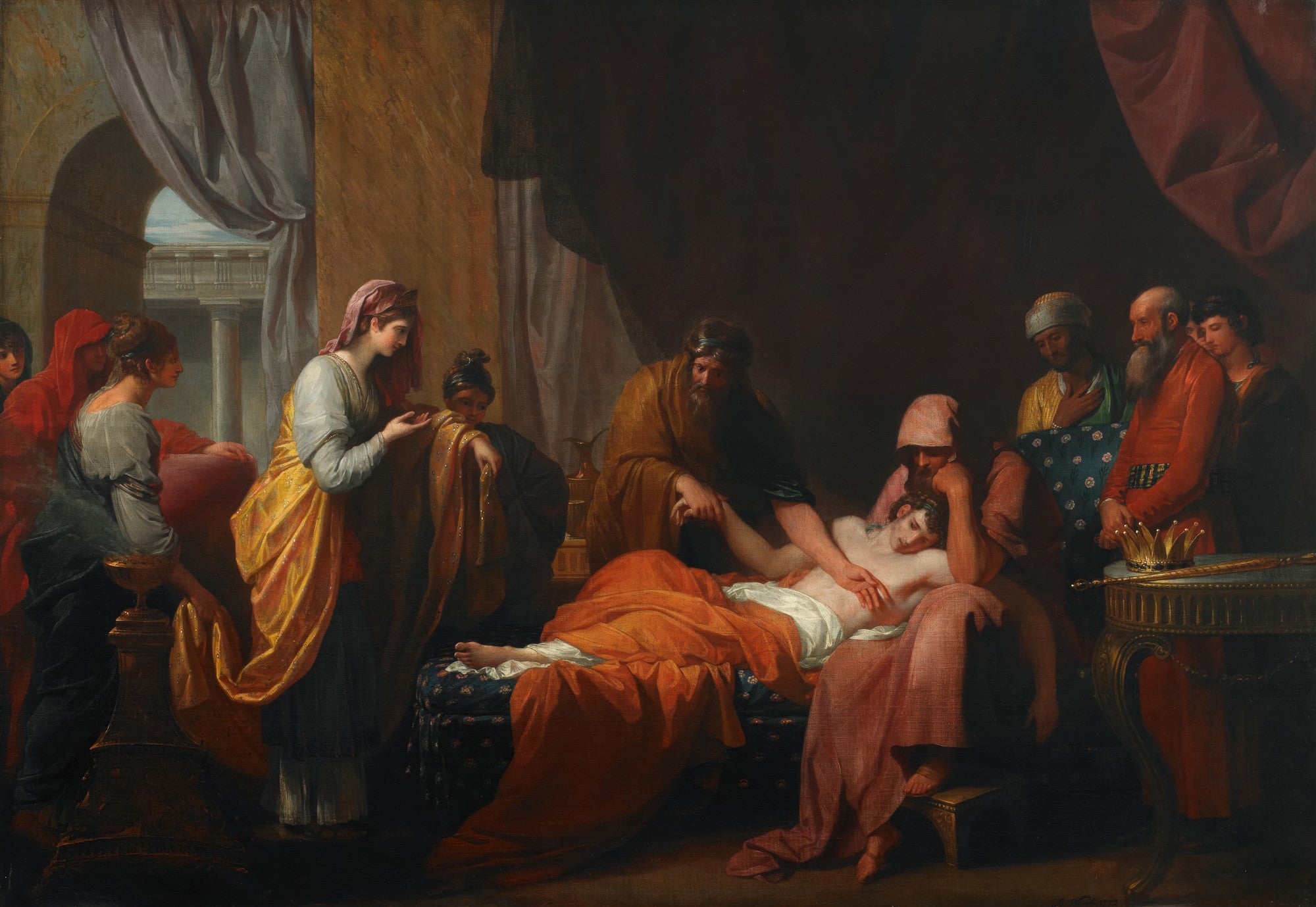Pintura a óleo neoclássica de Benjamin West, mostrando a cena dramática da morte do general tebano Epaminondas, cercado por figuras em luto e admiração.