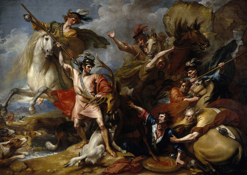Pintura a óleo de Benjamin West, 'A Morte de Procris', retratando uma cena mitológica dramática com figuras humanas, um cervo e cães em um cenário campestre, com cores vibrantes e composição dinâmica.