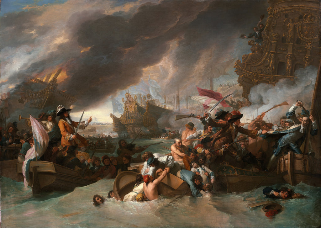 Quadro decorativo mostrando uma cena de batalha naval intensa, com navios em chamas, fumaça escura e vários combatentes em botes e na água, pintada por Benjamin West.