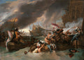 Quadro decorativo mostrando uma cena de batalha naval intensa, com navios em chamas, fumaça escura e vários combatentes em botes e na água, pintada por Benjamin West.