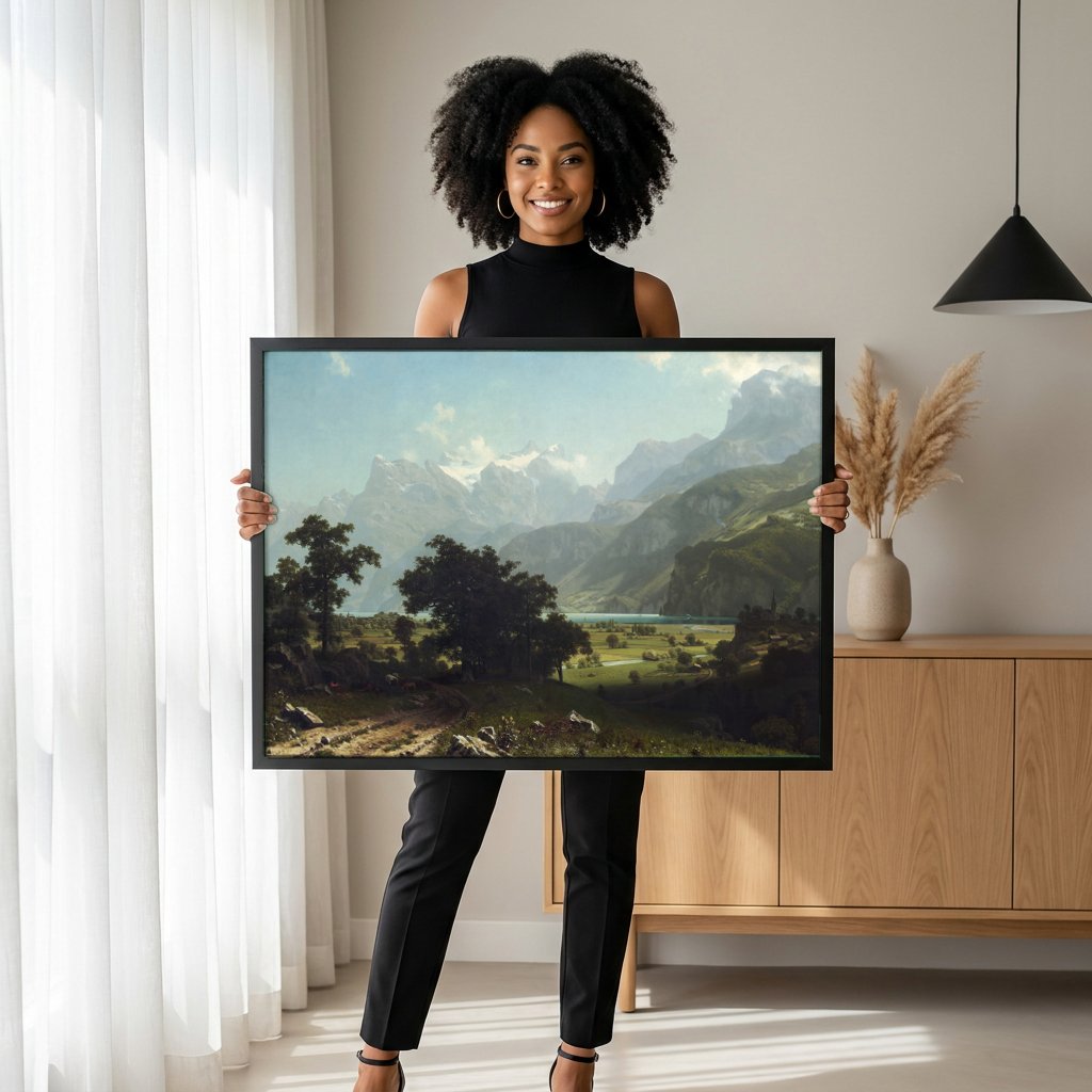Quadro Decorativo Montanhas Suíças - Albert Bierstadt com modelo em ambiente