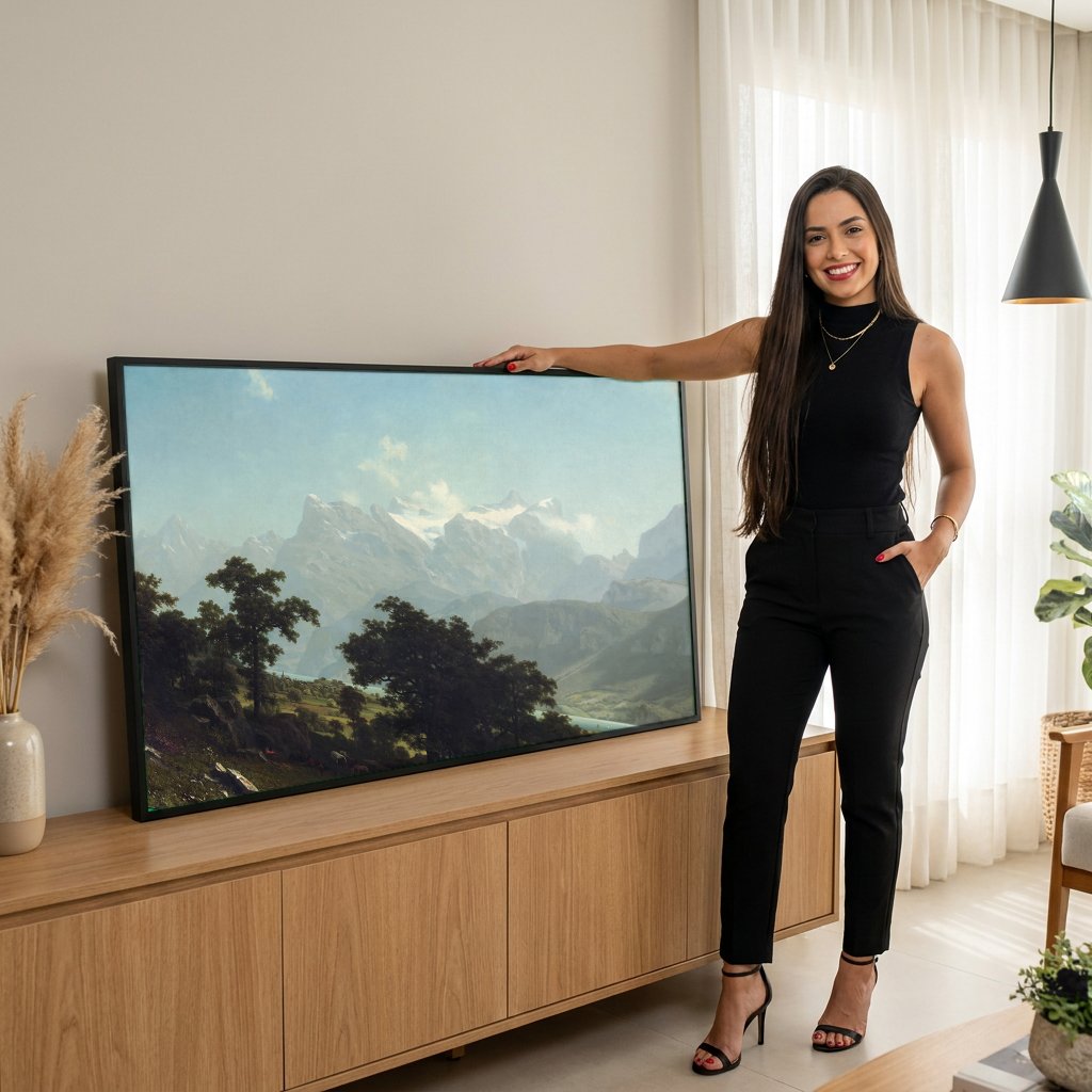 Quadro Decorativo Montanhas Suíças - Albert Bierstadt com modelo em ambiente