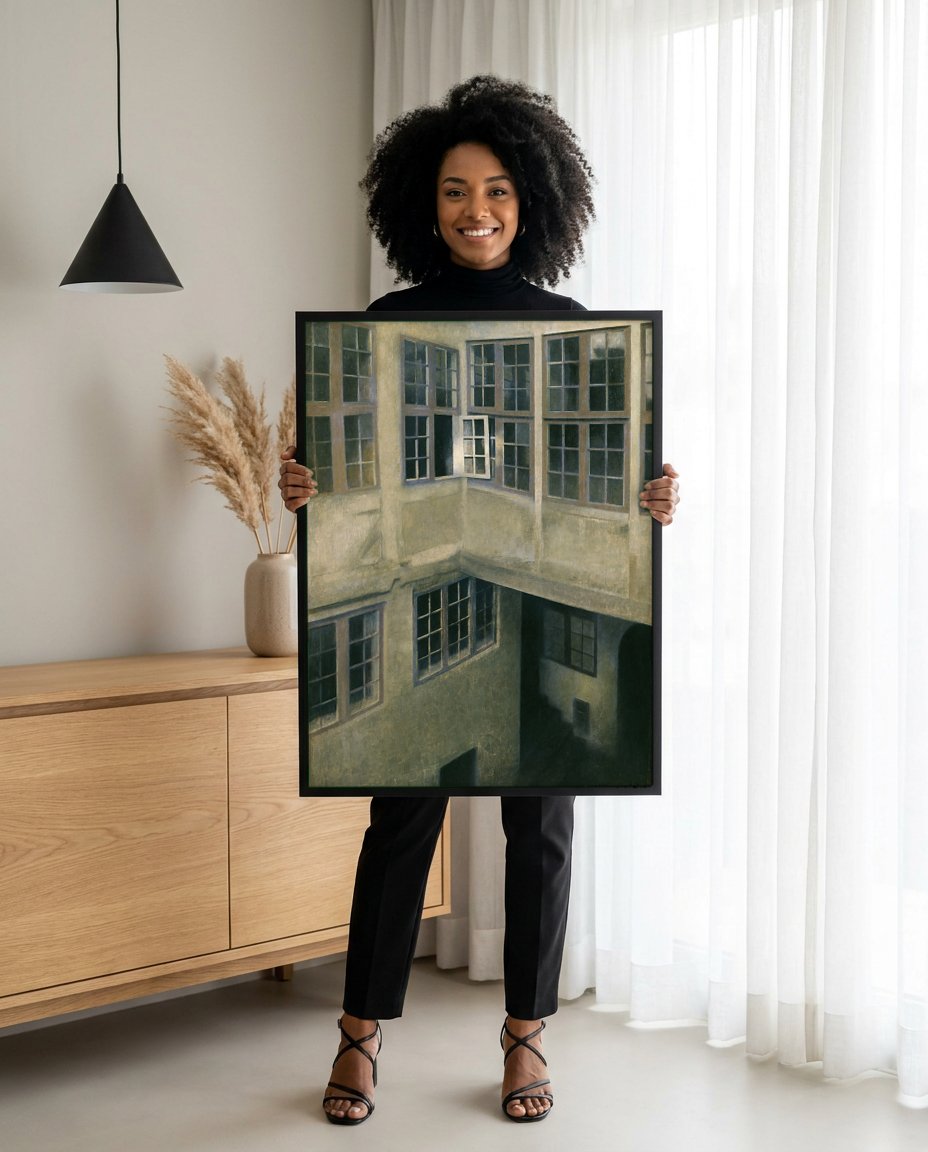 Quadro Decorativo Pátio com Janelas Abertas - Hammershøi com modelo em ambiente