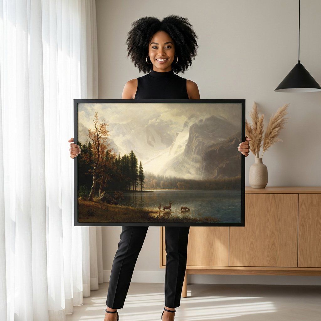 Quadro Decorativo Montanhas e Lago - Albert Bierstadt com modelo em ambiente