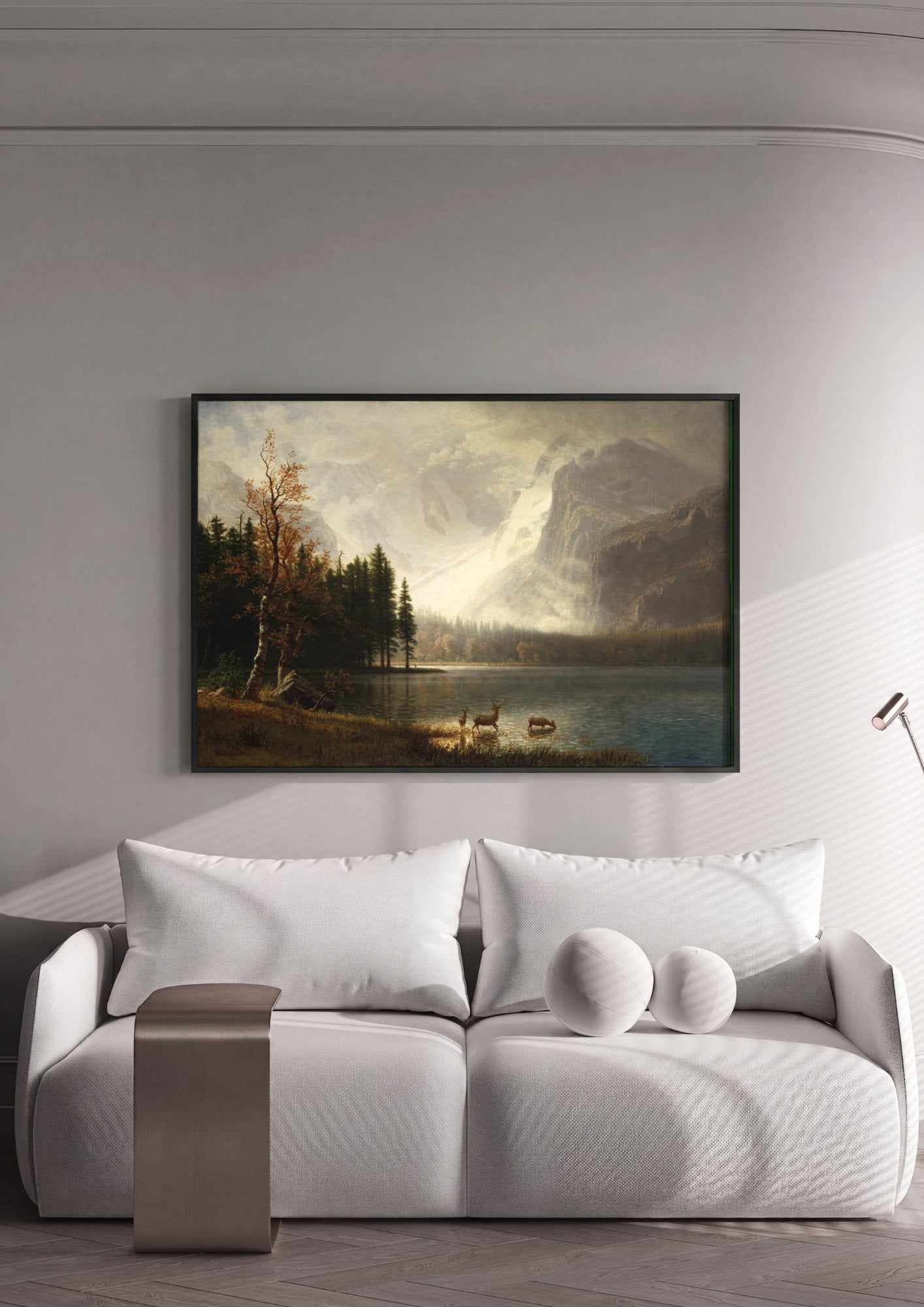 Quadro Decorativo Montanhas e Lago - Albert Bierstadt em ambiente decorado
