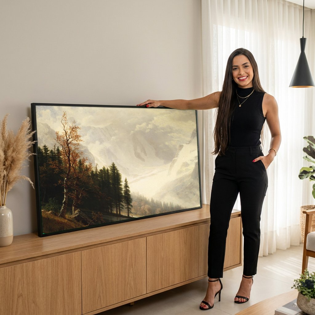 Quadro Decorativo Montanhas e Lago - Albert Bierstadt com modelo em ambiente
