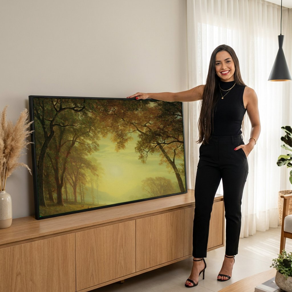 Quadro Decorativo Floresta Dourada - Albert Bierstadt com modelo em ambiente