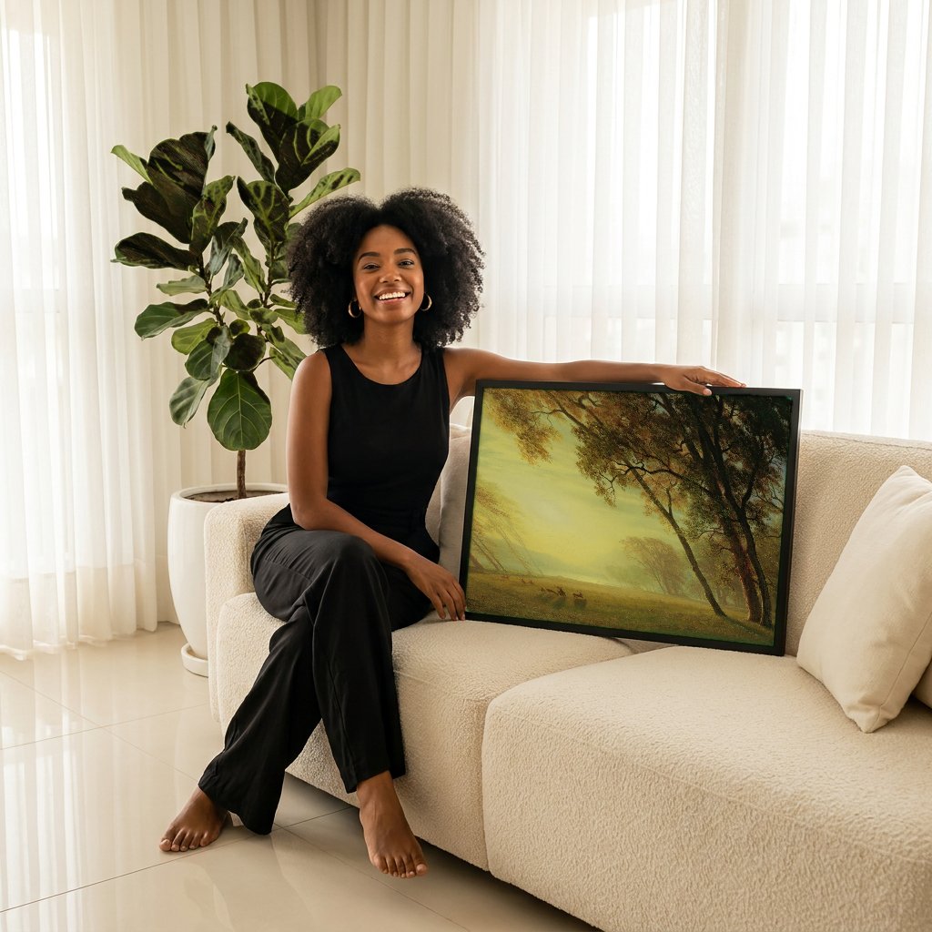 Quadro Decorativo Floresta Dourada - Albert Bierstadt com modelo em ambiente