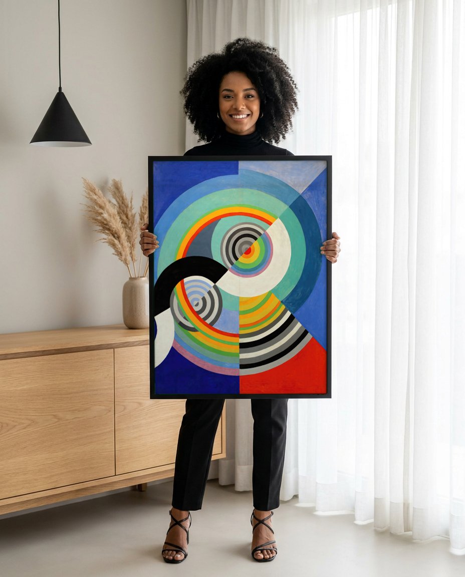 Quadro Decorativo Ritmos Coloridos - Robert Delaunay com modelo em ambiente