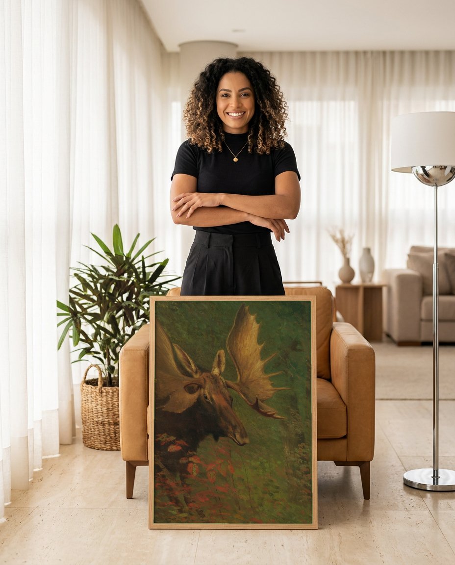 Quadro Decorativo Alce na Floresta - Albert Bierstadt com modelo em ambiente