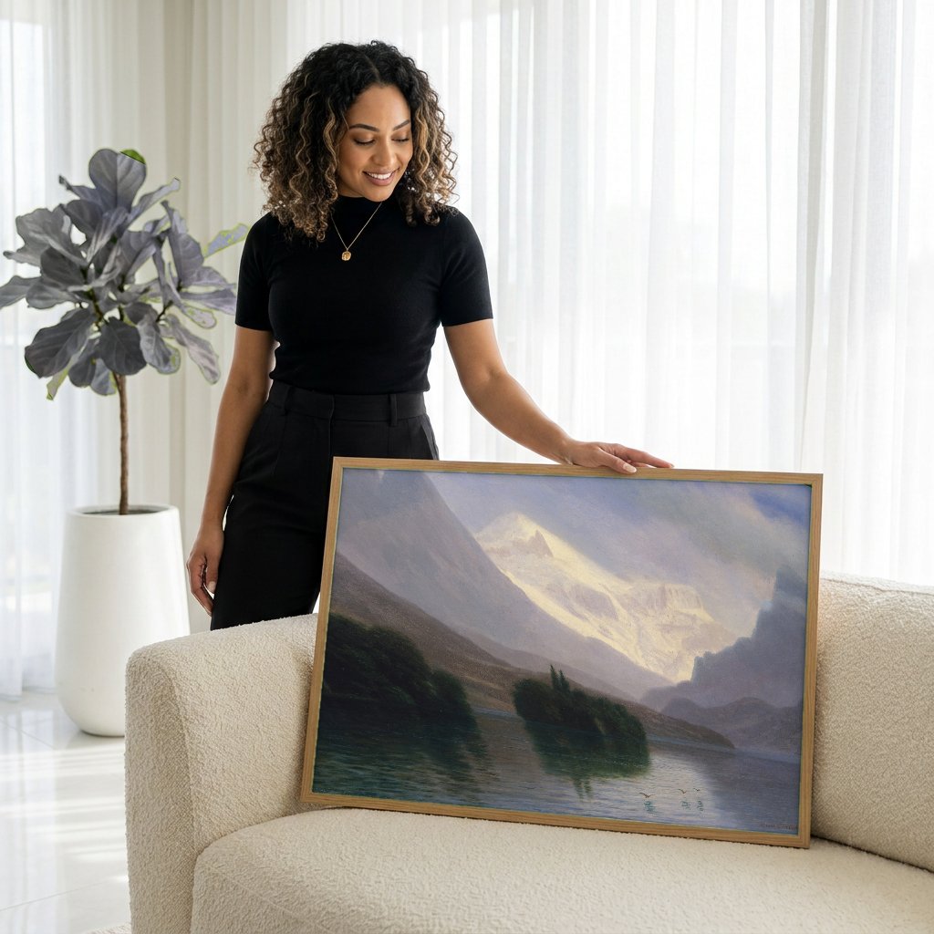 Quadro Decorativo Lago de Montanha - Albert Bierstadt com modelo em ambiente